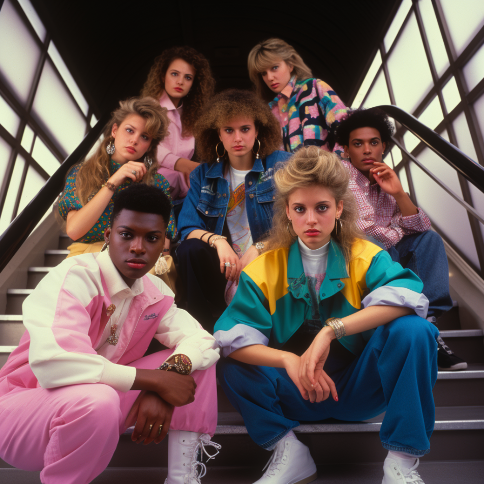 A group of teens at the mall in colorful '80s fashion