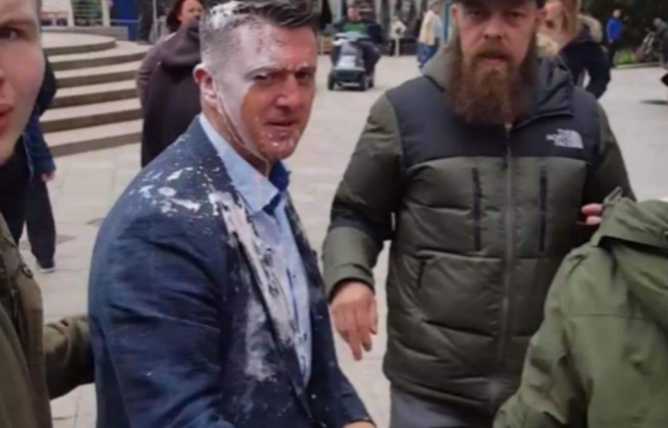 Tommy Robinson was doused in milkshake at a rally recently (TWITTER)