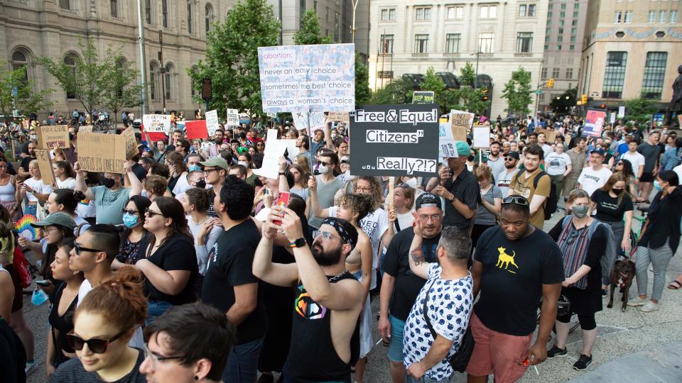 Abortion-rights advocates in Philadelphia protest the Supreme Court’s decision to overturn Roe V. Wade on Friday, June 24, 2022.