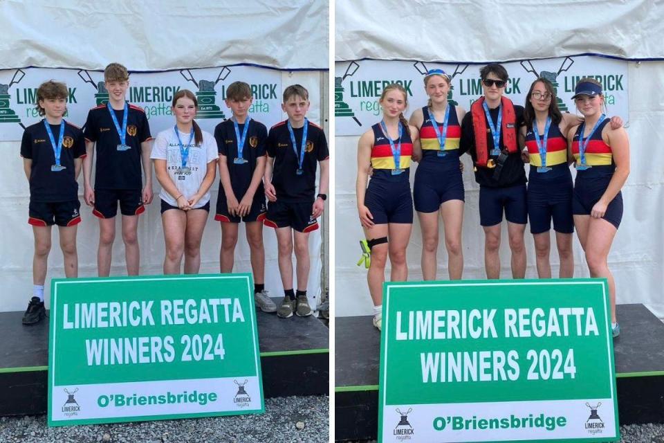 Left: WJ15 4X+ Brooke Davis, Darcy Balfour, Olie Powell (cox) Chloe Simmons, Grace Collins and (right) MJ13 4X+ Josh Allen, Louis McIvor, Grace Collins (cox) Noah Corrigan, Levi Thompson. <i>(Image: Impartial Reporter)</i>