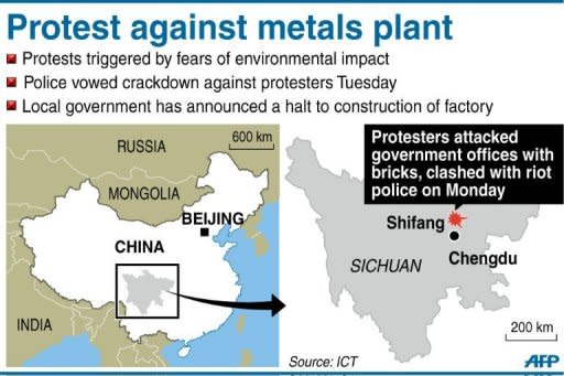 Graphic showing Shifang in Sichuan, China, where authorities vowed Tuesday to crack down on protesters after riot police clashed with hundreds of people rallying against a planned new metals plant over environmental fears