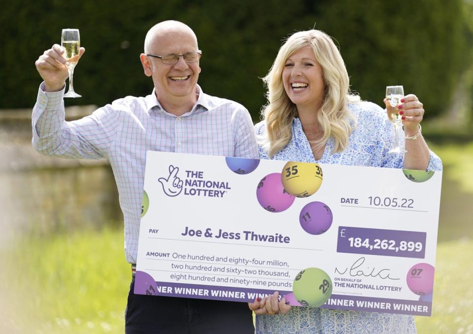 Joe Thwaite, 49, and his wife Jess, 46, from Gloucester, won a record-breaking EuroMillions jackpot of £184m in May (Andrew Matthews/PA) (PA Wire)