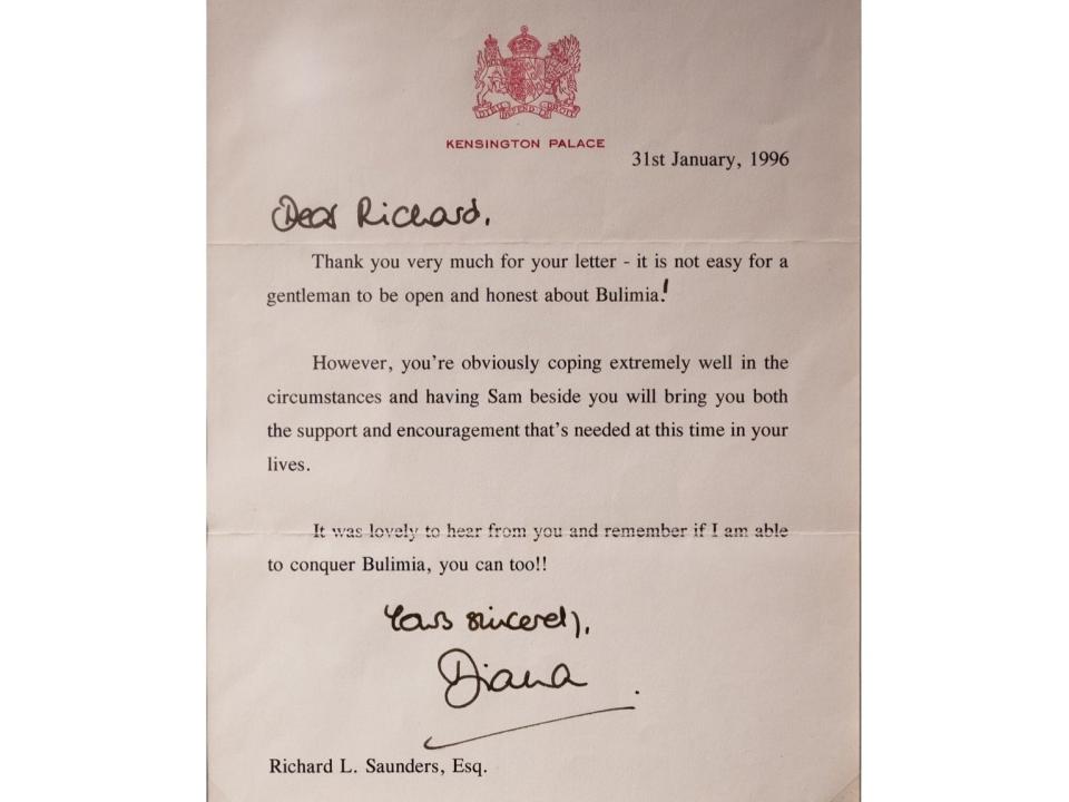 A letter that Princess Diana sent to a man who wrote to her about his bulimia in 1996.