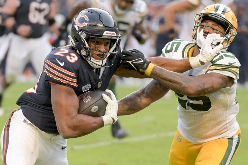 Chicago Bears running back Roschon Johnson (L) is worth adding to your fantasy football team's bench. File Photo by Mark Black/UPI