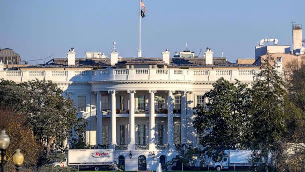 PHOTO: Trucks arrive on the South Lawn of the White House, Nov. 18, 2022. Naomi Biden, 28, granddaughter of President Joe Biden, will marry Peter Neal, 25, on the South Lawn. (Mandel Ngan/AFP via Getty Images)