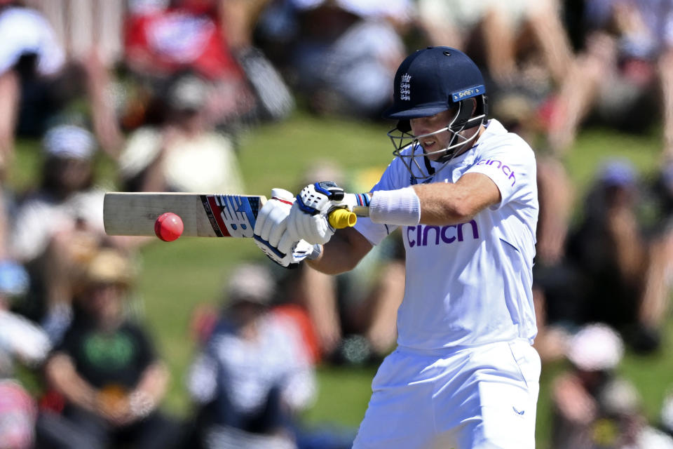 England's Joe Root bats against New Zealand on the third day of their cricket test match in Tauranga, New Zealand, Saturday, Feb. 18, 2023. (Andrew Cornaga/Photosport via AP)