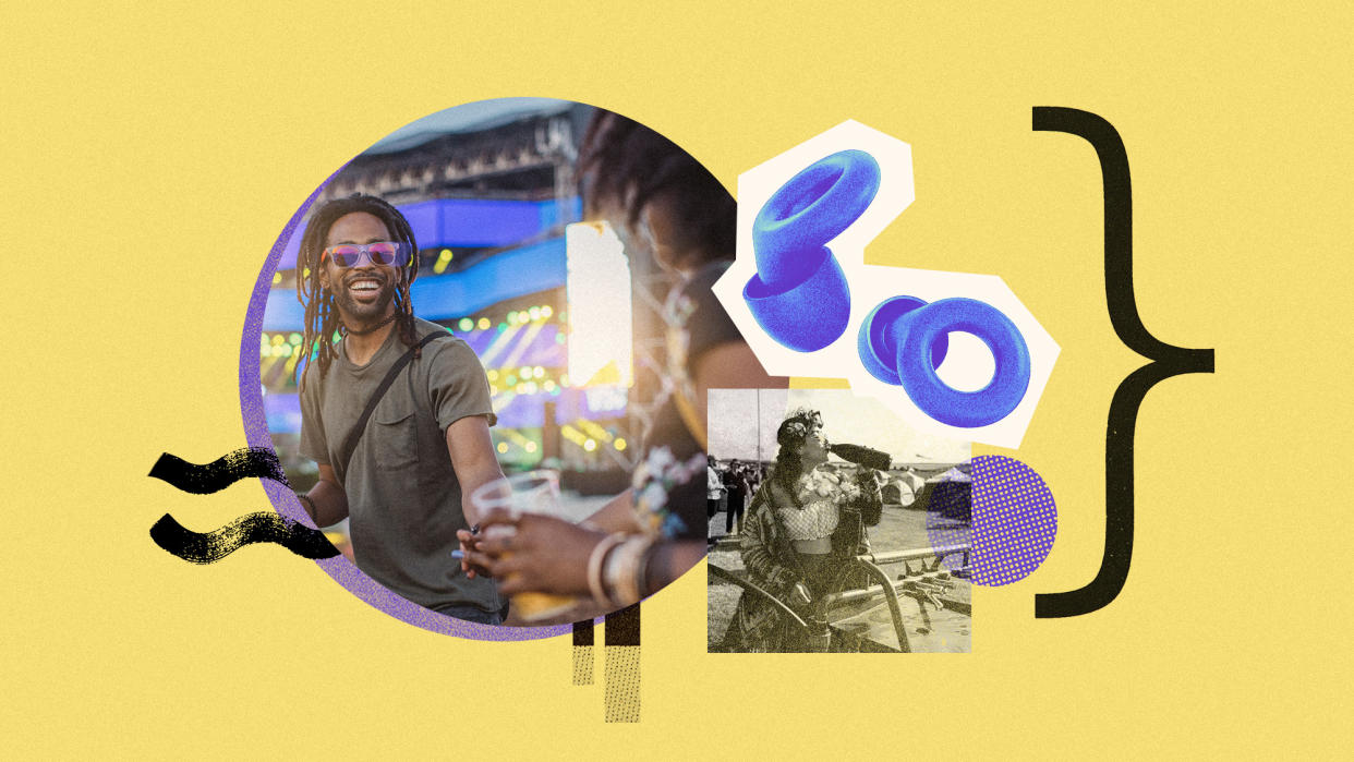  Photo collage of people at festivals, ear plugs, and a person drinking from a reusable water bottle at a festival water fountain. 