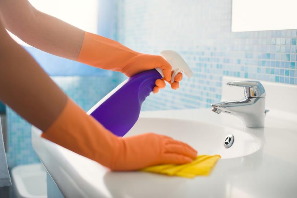 Person spraying cleaning solution to sink.