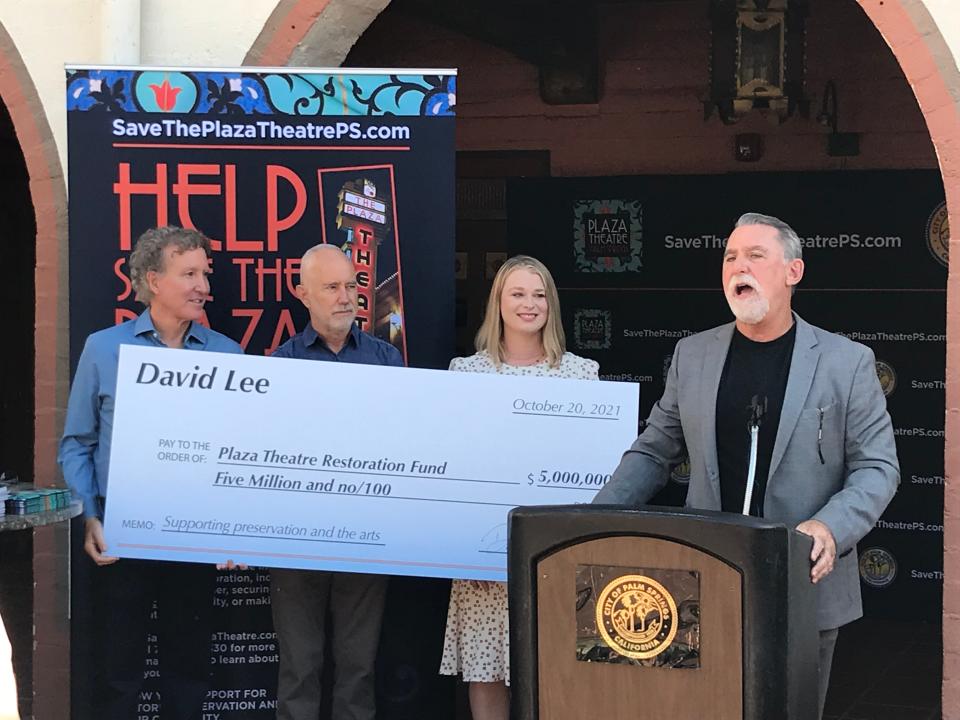 City of Palm Springs Councilmembers Geoff Kors, Dennis Woods, Mayor Christy Holstege and former Councilmember J.R. Roberts during a press conference at The Plaza Theatre in Palm Springs, Calif., on Oct. 20, 2021.