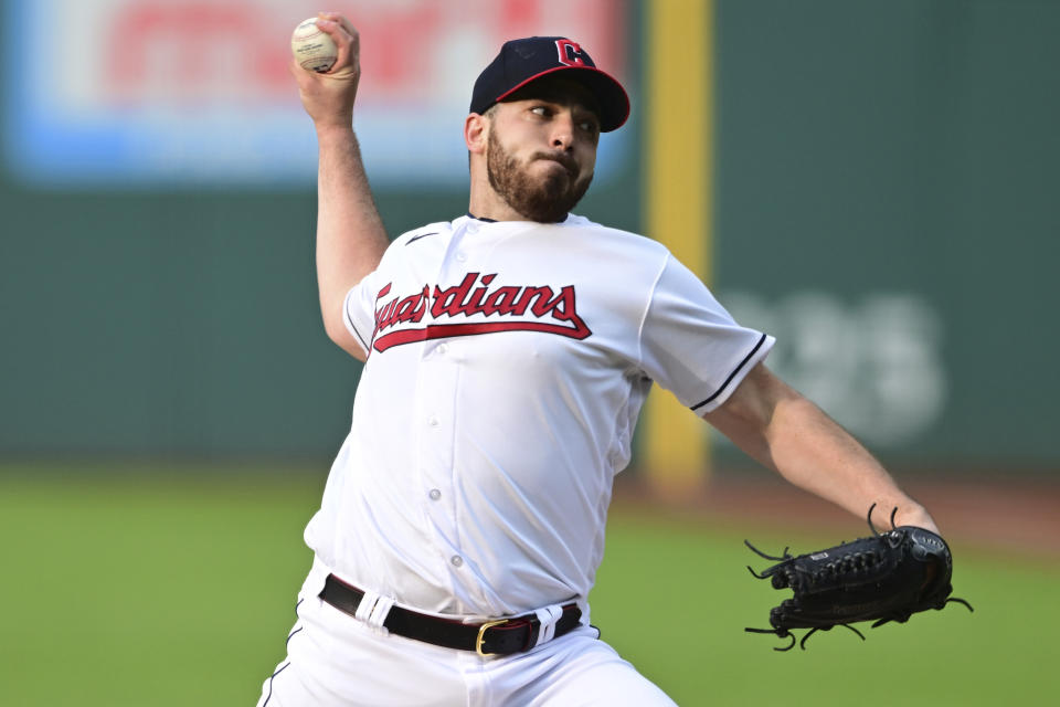 Cleveland Guardians starting pitcher Aaron Civale delivers during the first inning of the team's baseball game against the Oakland Athletics, Tuesday, June 20, 2023, in Cleveland. (AP Photo/David Dermer)