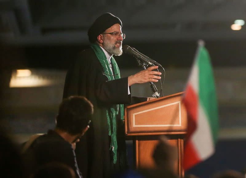 Iranian Presidential candidate Ebrahim Raisi speaks during a campaign meeting at the Mosalla mosque in Tehran