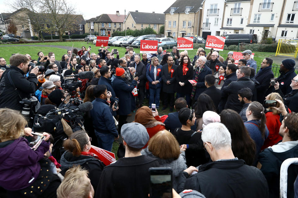 Labour Party leader Jeremy Corbyn, holds his party's manifesto as he speaks to supporters during a visit to Thurrock in Essex whilst on the General Election campaign trail.