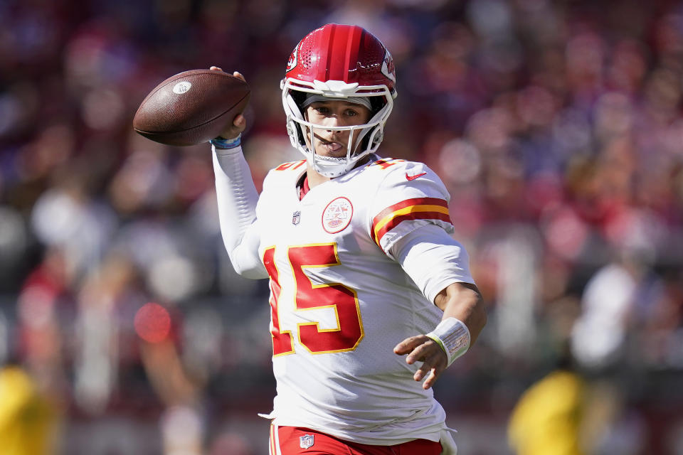 Kansas City Chiefs quarterback Patrick Mahomes (15) passes against the San Francisco 49ers during the first half of an NFL football game in Santa Clara, Calif., Sunday, Oct. 23, 2022. (AP Photo/Godofredo A. Vásquez)