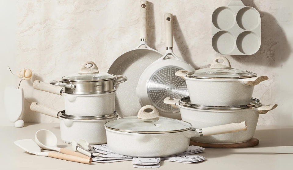 white 21-piece cookware set on a counter