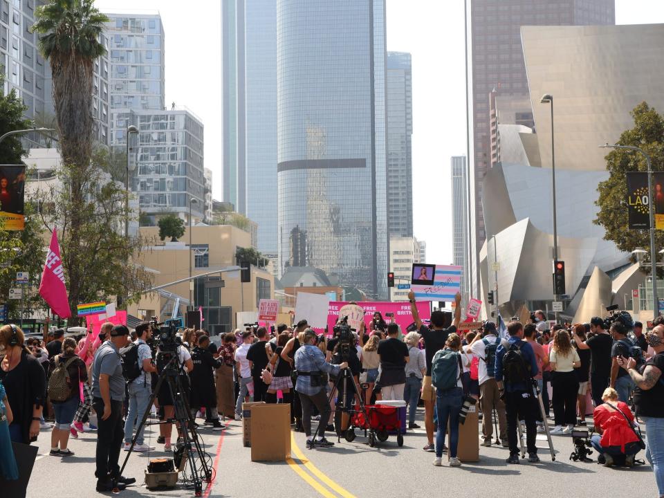 Crowd of Britney Spears supporters holding a rally in front of the Los Angeles County Courthouse.