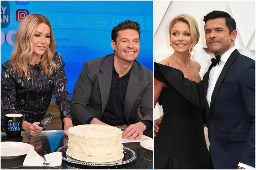 A blond woman and a man with short brown hair sitting at a table with a cake; the same woman posing with a man in a tux