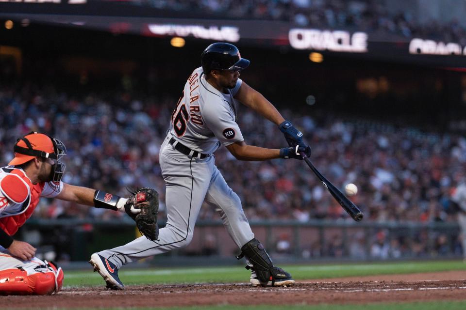Tigers third baseman Jeimer Candelario hits a single during the fifth inning against the Giants on Tuesday, June 28, 2022, in San Francisco.