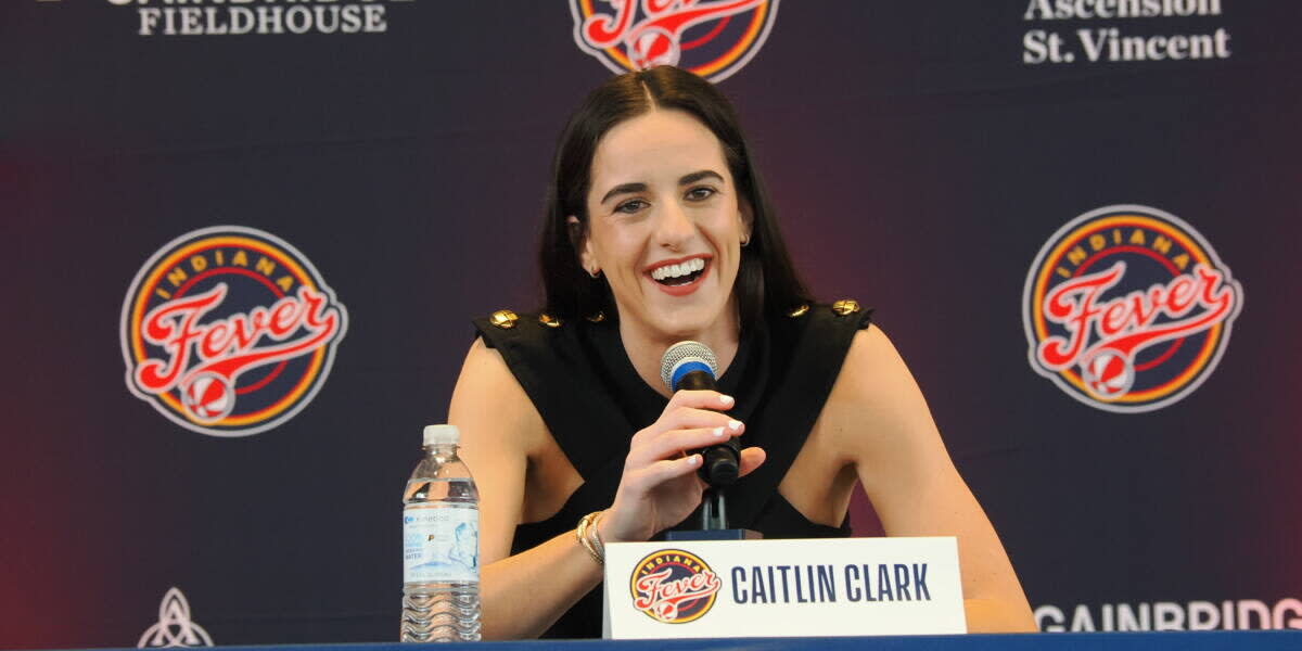 Caitlin Clark of the Indiana Fever talks to the media during an introductory press conference on April 17, 2024 at Gainbridge Fieldhouse in Indianapolis, Indiana.