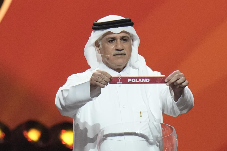 during the 2022 soccer World Cup draw at the Doha Exhibition and Convention Center in Doha, Qatar, Friday, April 1, 2022. (AP Photo/Hassan Ammar)