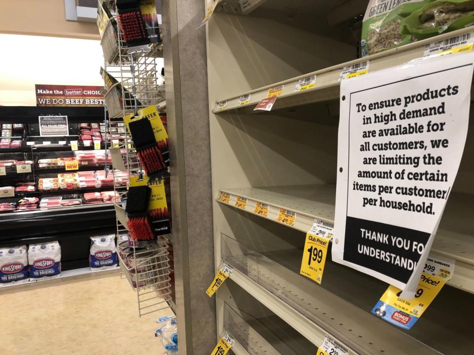 A sign informs customers that some groceries were limited by household at a Vons in Los Feliz in April