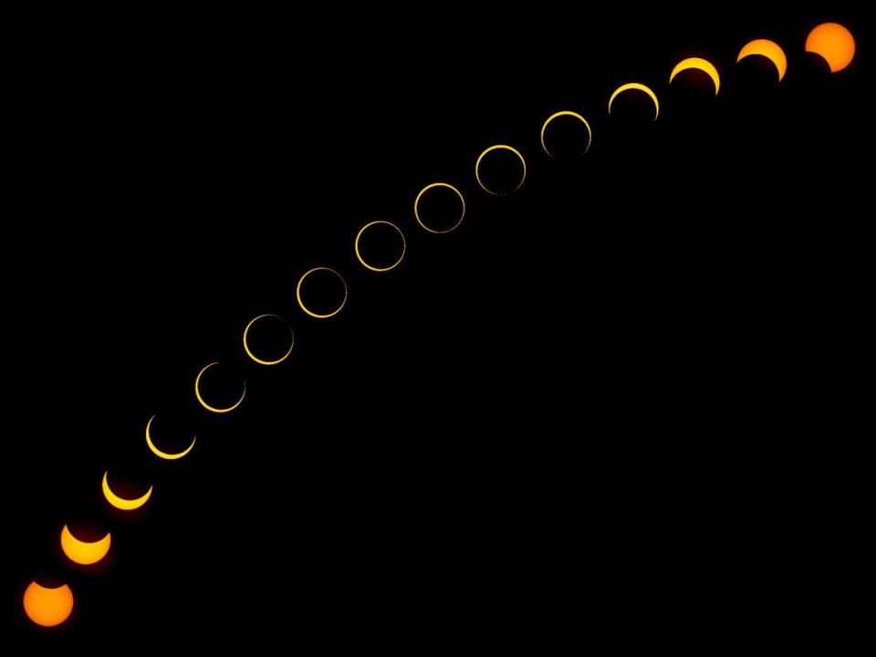 A composite of an annular solar eclipse on Oct. 14, 2023, photographed in Kerville, Texas.