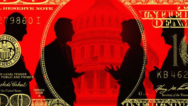 Politicians are seen in front of the U.S. Capitol and behind a $100 bill