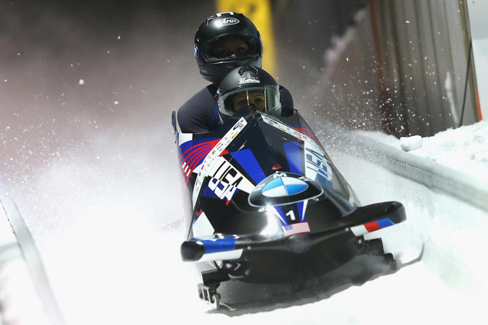 Jamie Greuberl Poser and Aja Evans of USA compete at Deutsche Post Eisarena Koenigssee during the BMW IBSF World Cup Women`s Bobsleigh World Cup on January 19, 2018 in Koenigssee, Germany. (Photo by Alexander Hassenstein/Getty Images For IBSF)