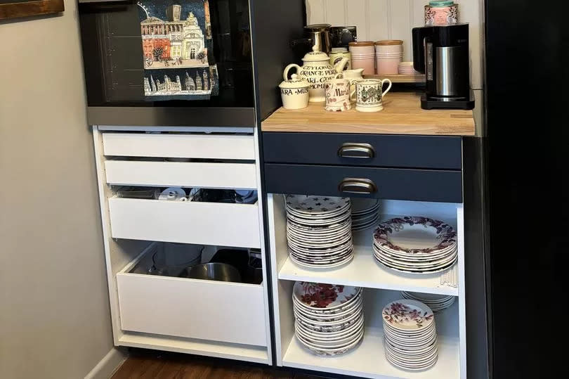 Maria Kimble's new Ikea kitchen units, including a little tea nook