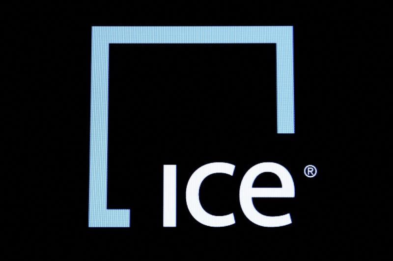 FILE PHOTO: A screen displays the ticker symbol and logo for Intercontinental Exchange Inc. (ICE) on the floor of the NYSE