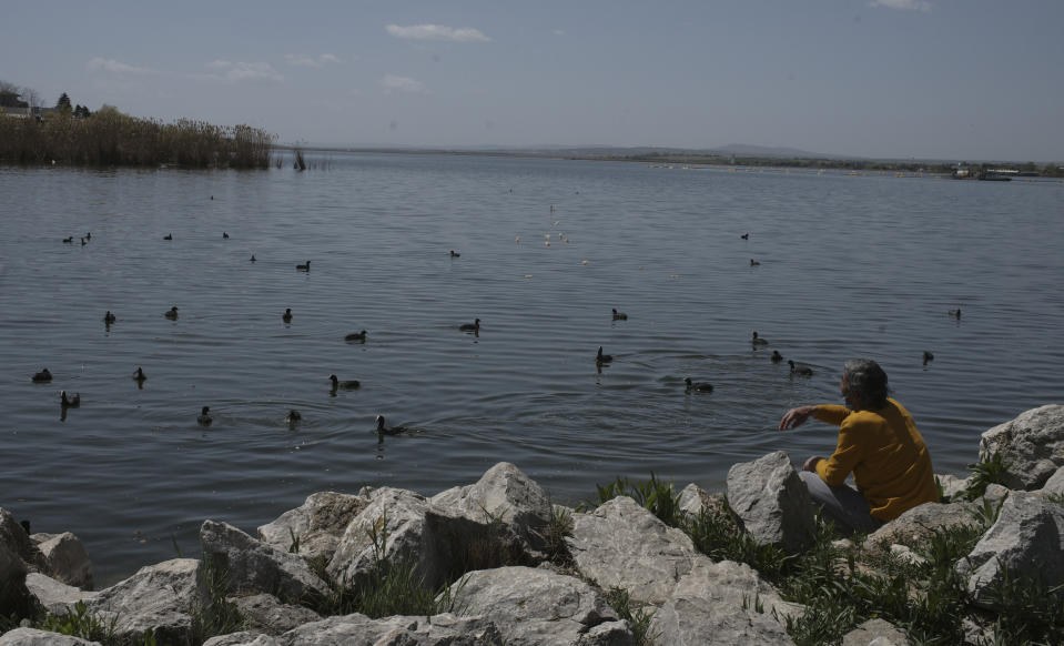 A man throws pieces of bread to feed birds living in Mogan lake in Golbasi outside Ankara, Turkey, during a lockdown, Saturday, May 1, 2021. Turkish security forces patrolling main streets and set up checkpoints at entry and exits points of cities, to enforce Turkey's strictest COVID-19 lockdown to date. Still, many people were on the move as the government, desperate not to shut down the economy completely, kept some sectors exempt from the restrictions.(AP Photo/Burhan Ozbilici)