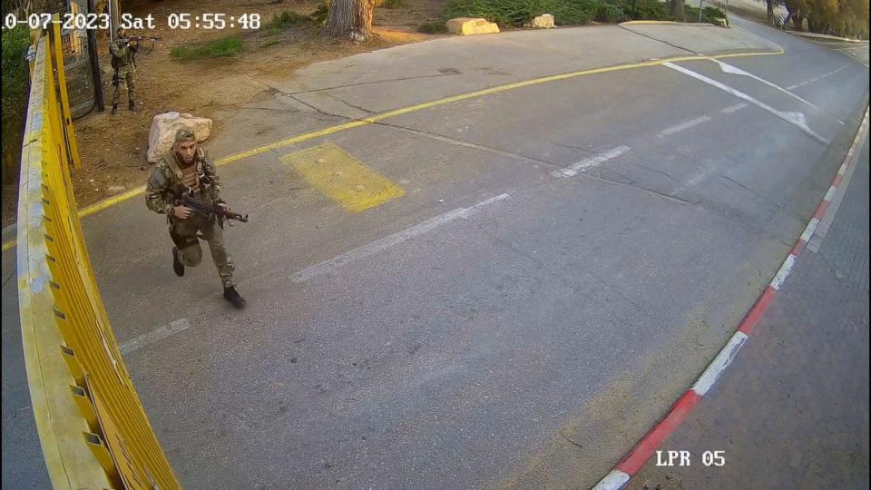 PHOTO: Surveillance video taken at the Bar Be'eri Kibbuz on Oct. 7, 2023, captured Hamas terrorists taking over the guard house, ambushing and killing unsuspecting Israeli citizens waiting for the gate to open and then rushing inside. (Israel Defense Forces)