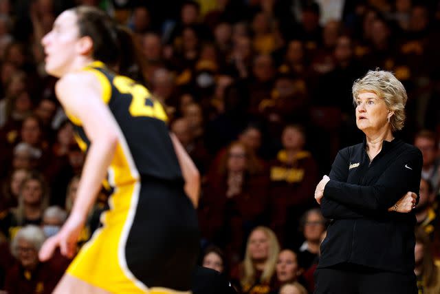 <p>David Berding/Getty</p> Lisa Bluder of the Iowa Hawkeyes looks on mid game on Feb. 28, 2024.