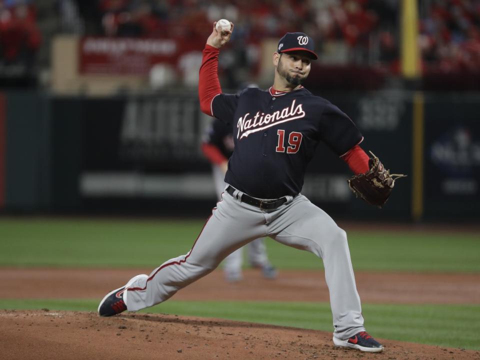 Washington Nationals starting pitcher Anibal Sanchez throws during the second inning of Game 1 of the baseball National League Championship Series against the St. Louis Cardinals Friday, Oct. 11, 2019, in St. Louis. (AP Photo/Mark Humphrey)