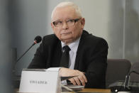 Poland's main opposition leader, Jaroslaw Kaczynski is questioned by a parliamentary commission at the parliament building, in Warsaw, Poland, Friday, March 15, 2024. Kaczynski appeared before a special parliamentary committee Friday to testify about the purchase and allegedly illegal use of advanced spyware by a government headed by his Law and Justice Party. The NSO Group's Pegasus spyware was used to spy on mobile devices belonging to opponents of the party. Recent findings suggest it was also used to eavesdrop on some key members of the right-wing party, as well. (AP Photo/Czarek Sokolowski)