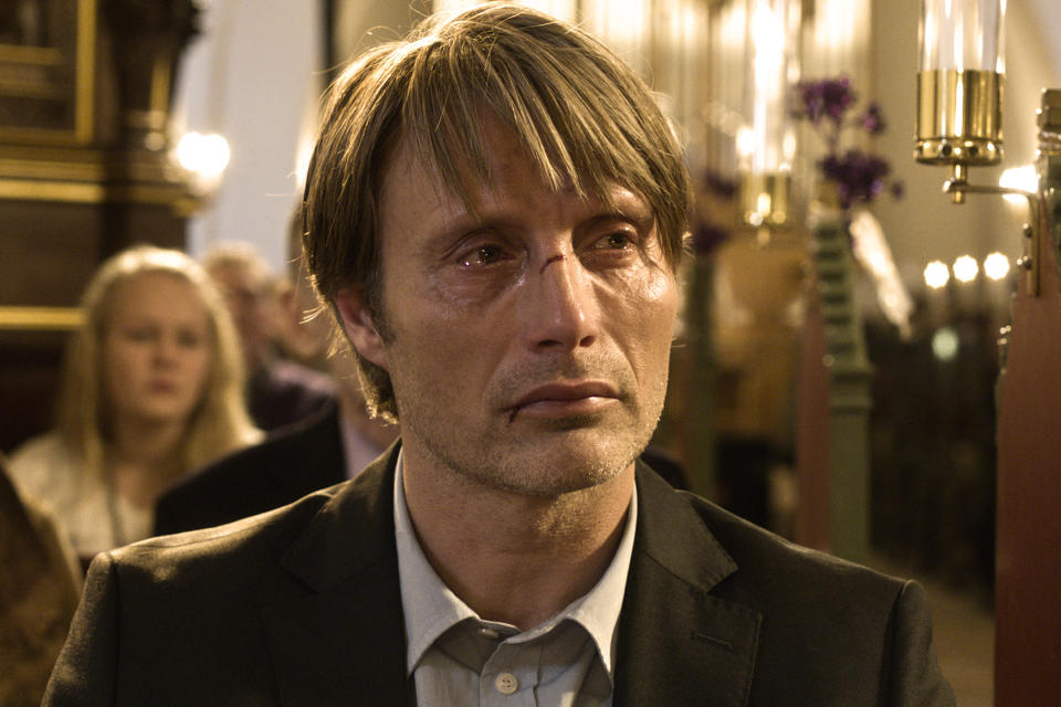 This image released by Magnolia Pictures shows Mads Mikkelsen in a scene from "The Hunt" (Jagten). The film is nominated for an Academy Award for best foreign picture. The 86th Academy Awards will be held on Sunday, March 2, 2014. (AP Photo/Magnolia Pictures, file)