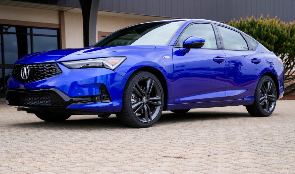 The new 2023 Acura Integra A-Spec in apex blue pearl on display at Honda of America, Mfg. in Marysville.