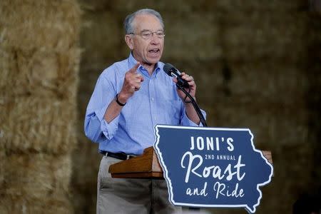 U.S. Senator Chuck Grassley (R-IA) speaks before Republican nominee Donald Trump arrives at "Joni's Roast and Ride" in Des Moines, Iowa, U.S., August 27, 2016. REUTERS/Carlo AllegriU.