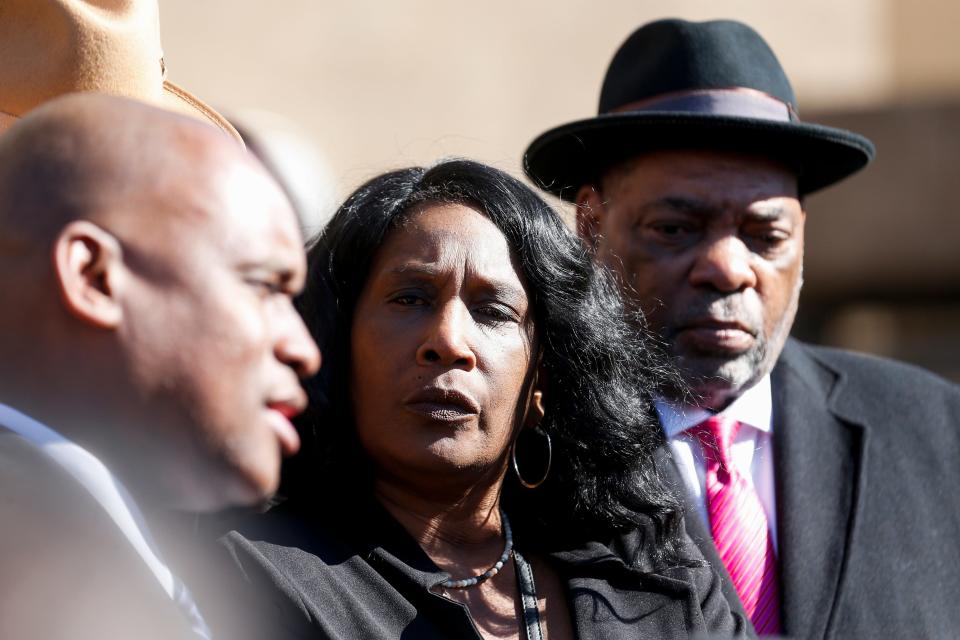 Van Turner, president of the Memphis Branch of the NAACP, speaks to the media as Tyre Nichols’ mother and father, RowVaughn Wells and Rodney Wells, listen after a hearing where the five former Memphis police officers charged for their involvement in the beating of Tyre Nichols plead not guilty at the Shelby County Criminal Justice Center in Memphis, on Friday, February 17, 2023. 