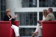 German Chancellor Angela Merkel (L) talks during ARD summer-interview with journalists Tina Hassel and Thomas Baumann in Berlin, Germany, August 28, 2016. REUTERS/Stefanie Loos