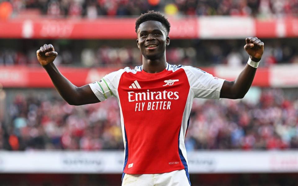 Saka has seven assists in the Premier League this season, more than any other player (Arsenal FC via Getty Images)