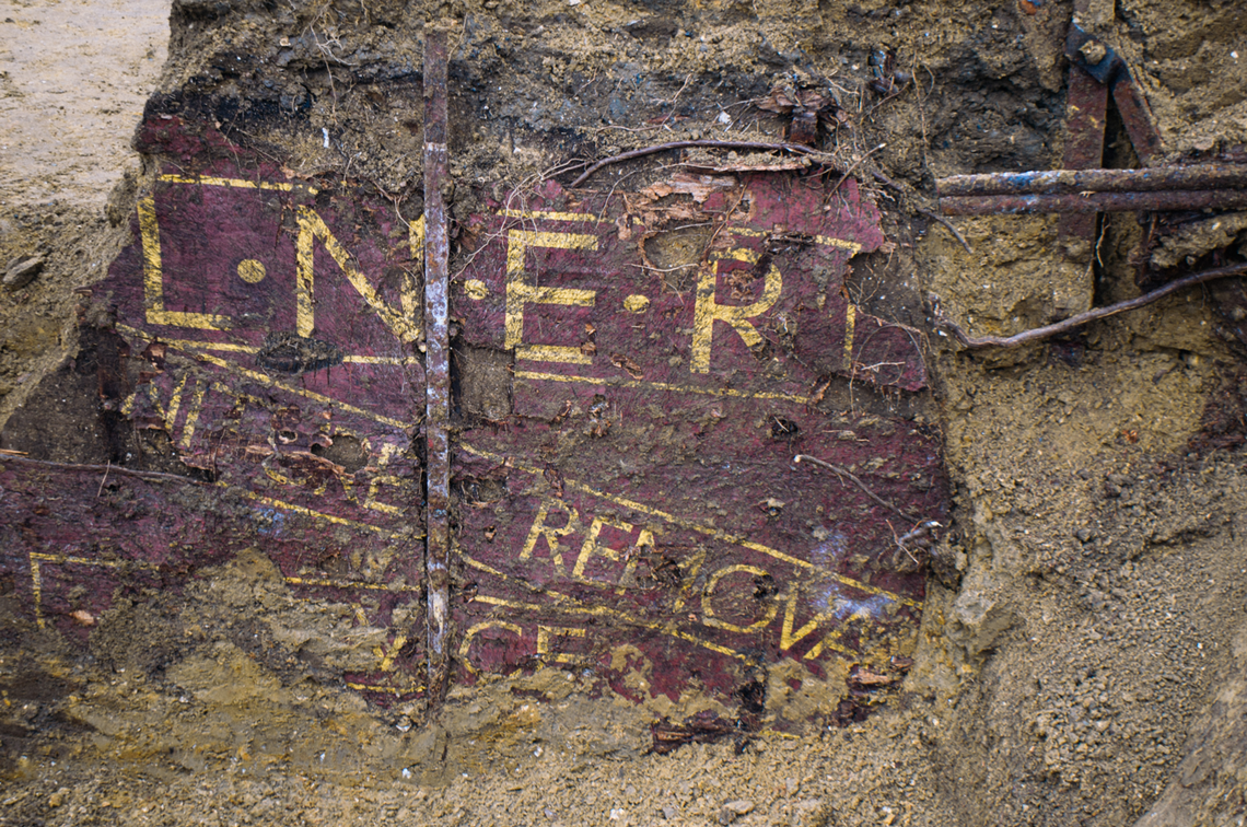 The LNER railway label found on the rare wooden train car in Antwerp.