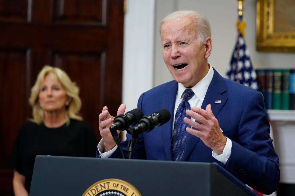 President Joe Biden speaks to the nation about the mass shooting at Robb Elementary School in Uvalde, Texas, from the White House on Tuesday as first lady Jill Biden listens.