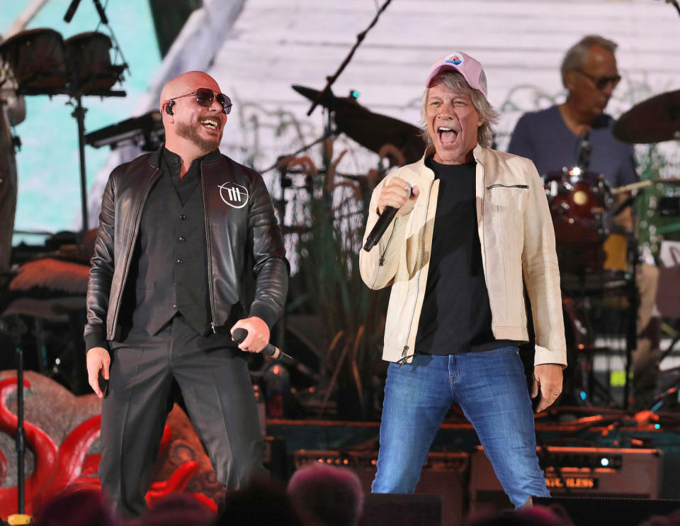 Pitbull and  Jon Bon Jovi Jimmy Buffett tribute concert at the Hollywood Bowl on April 11.  (Randall Michelson / Live Nation-Hewitt Silva)