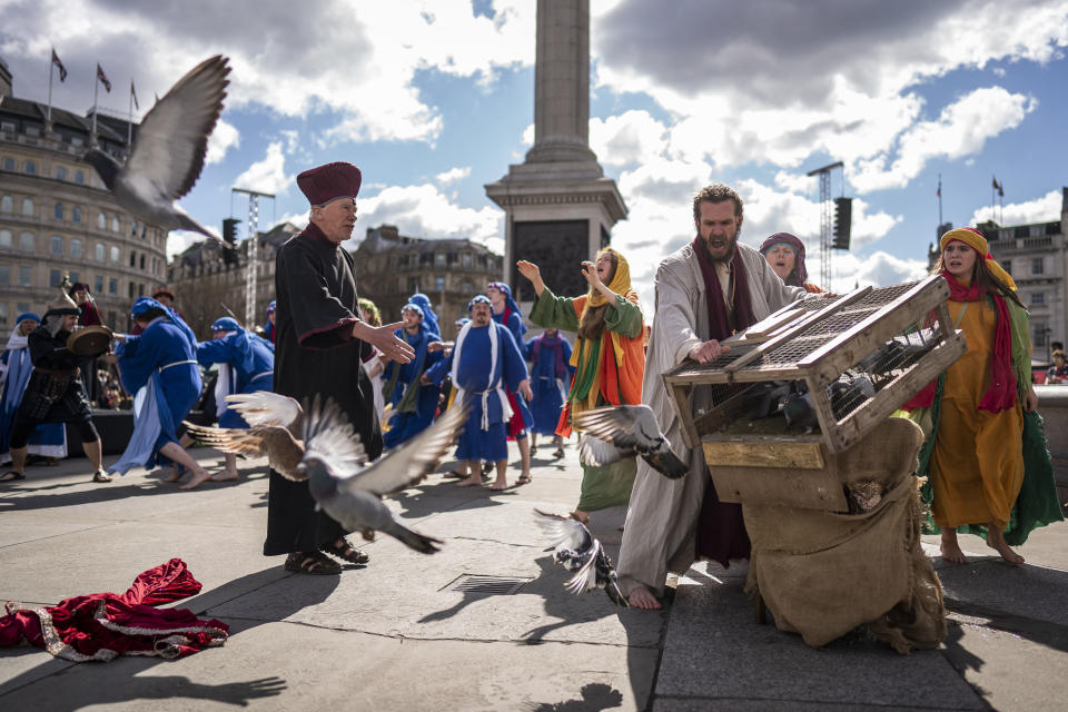 The Passion of Jesus is performed to crowds in Trafalgar Square, London, Friday, April 7, 2023 on Good Friday by actors from the Wintershall Players. (Aaron Chown/PA via AP)
