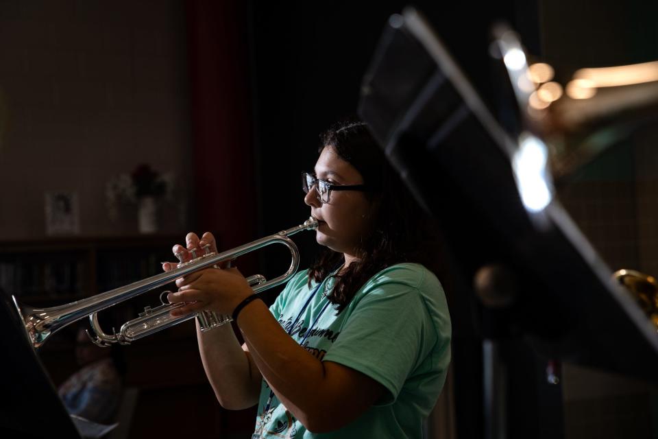 Lilian Garza, 15, of Zapata, rehearses with other intermediate trumpet players during mariachi camp at Robstown High School, on Thursday, June 29, 2023, in Texas.