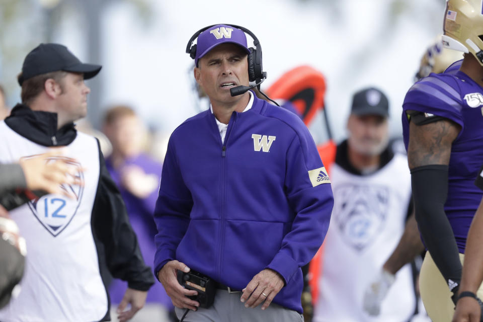 Washington head coach Chris Petersen looks on from the sidelines during an NCAA college football game against Southern Cal Saturday, Sept. 28, 2019, in Seattle. Washington won 28-14. (AP Photo/Elaine Thompson)