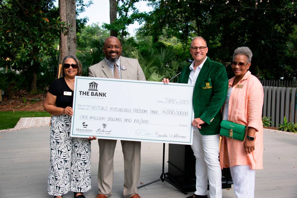 At the grand opening of The Bank on Hilton Head, a donation of $1 million was committed to the Historic Mitchelville Freedom Park. Pictured: Rene Ford, administrative assistant; Ahmad Ward, executive director; Billy Watterson, CEO Watterson Brands; Joyce Wright, director of programs and interpretation.