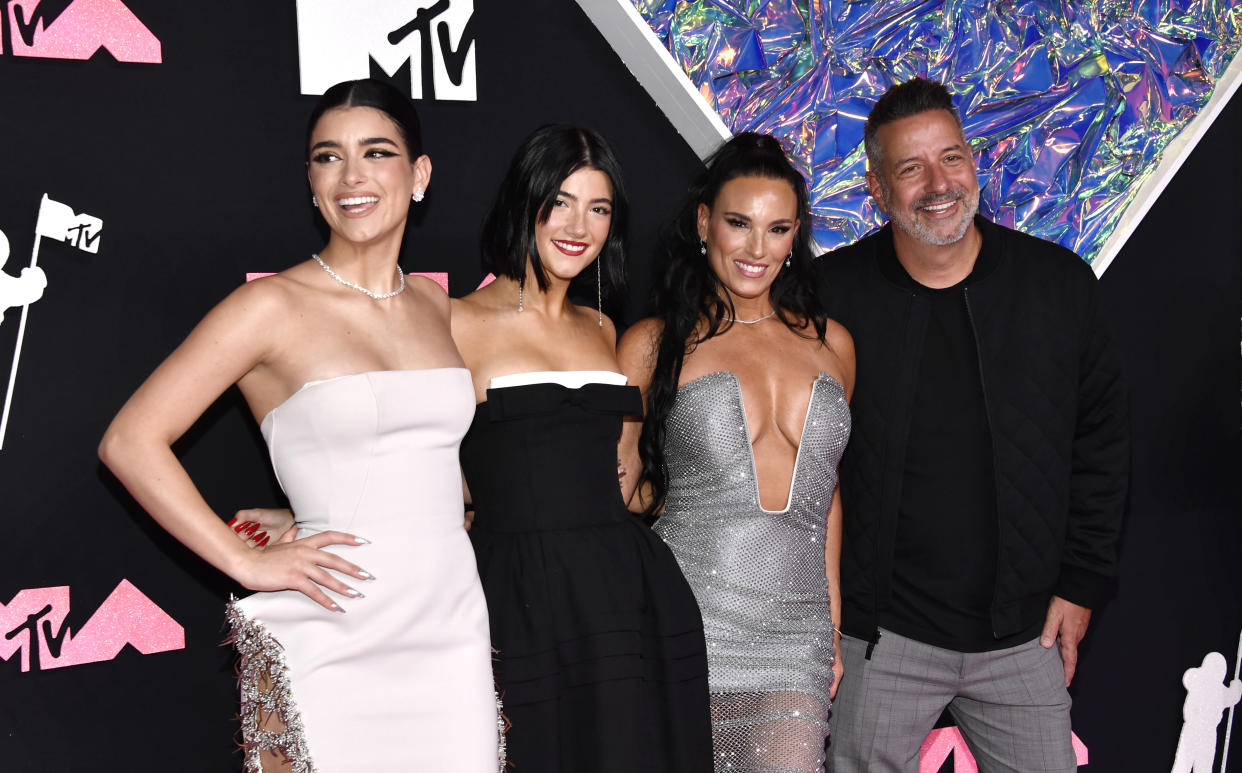 Dixie D'Amelio, from left, Charli D'Amelio, Heidi D'Amelio, and Marc D'Amelio arrive at the MTV Video Music Awards on Tuesday, Sept. 12, 2023, at the Prudential Center in Newark, N.J. (Photo by Evan Agostini/Invision/AP)