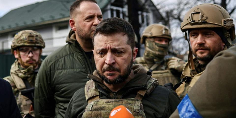 Ukrainian President Volodymyr Zelensky speaks to the press in the town of Bucha, northwest of the Ukrainian capital Kyiv, on April 4, 2022.