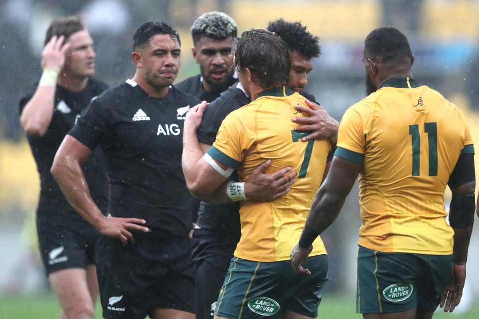 WELLINGTON, NEW ZEALAND - OCTOBER 11: Ardie Savea of the All Blacks and Michael Hooper of Australia following the Bledisloe Cup match between the New Zealand All Blacks and the Australian Wallabies at Sky Stadium on October 11, 2020 in Wellington, New Zealand. (Photo by Phil Walter/Getty Images)